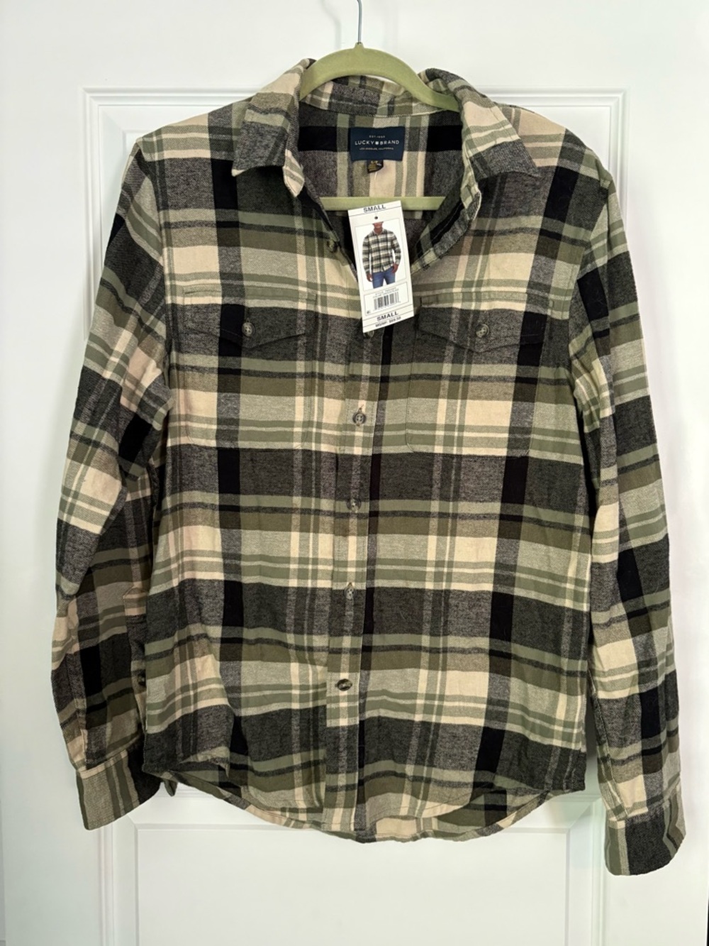 NWT Lucky Brand Flannel Green & Beige Plaid Button-Up Shirt